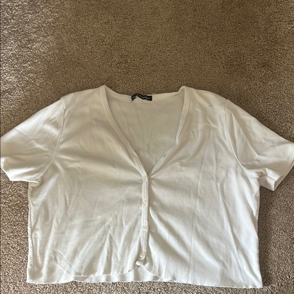 Brandy Melville White Short Sleeve Cropped Button Down